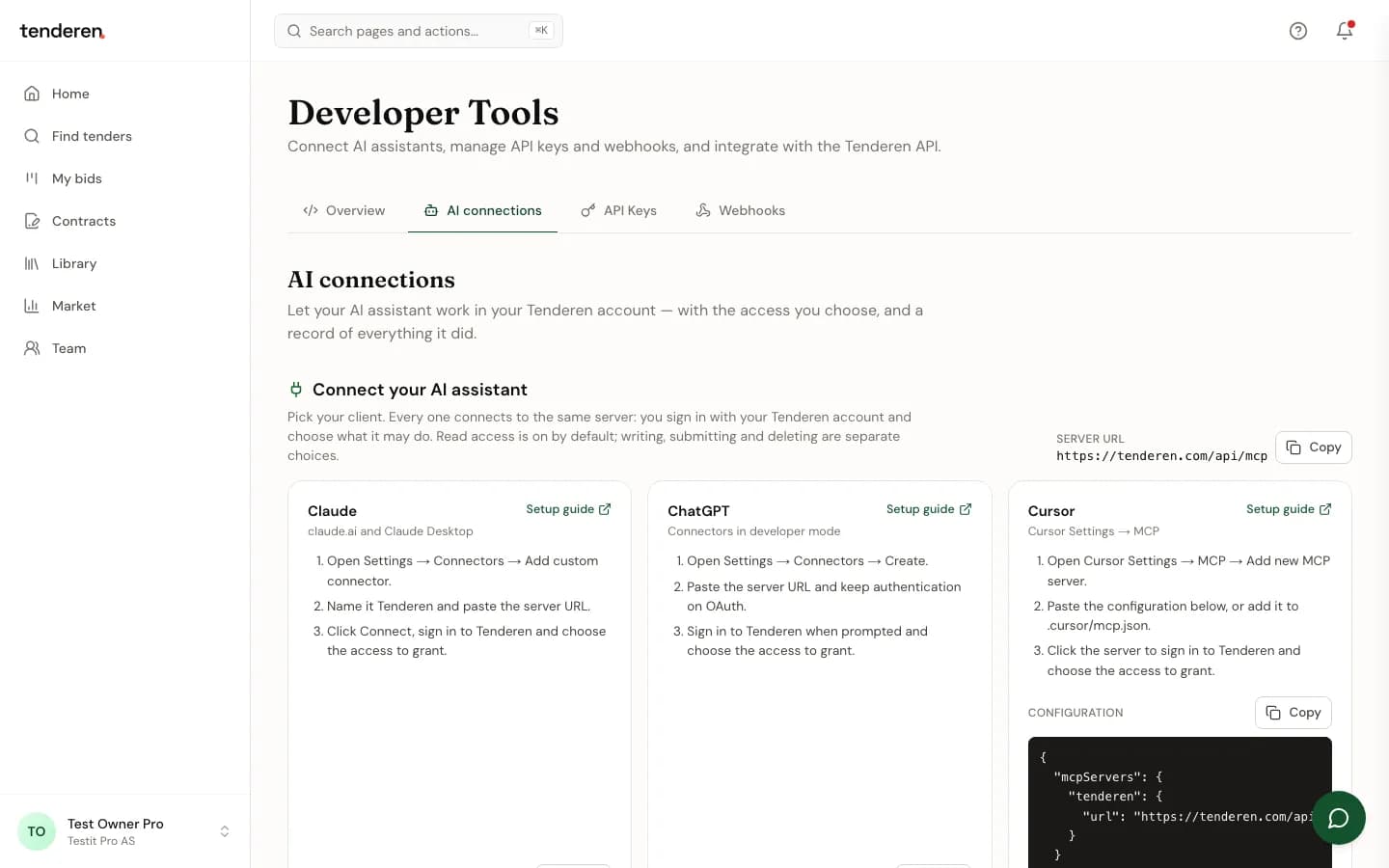 The AI connections page in Tenderen with setup steps for Claude, ChatGPT and Cursor