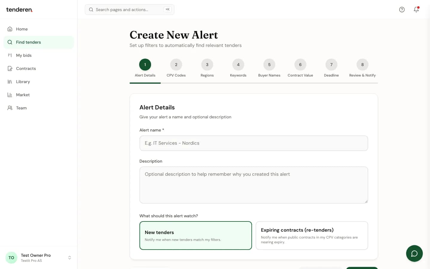 The Create New Alert form in Tenderen with eight numbered steps