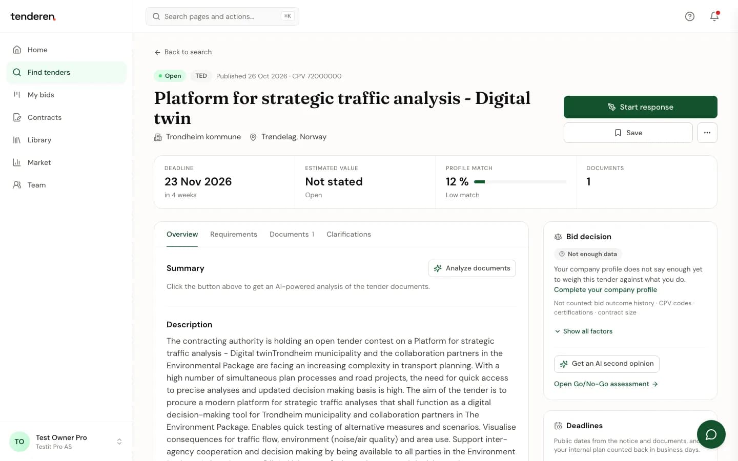 A tender page in Tenderen with deadline, estimated value, profile match and a bid decision panel